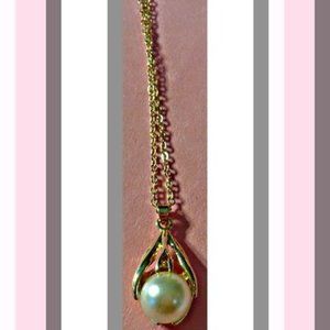 Gold Tone Necklace With White Faux Pearl For Women/Teens